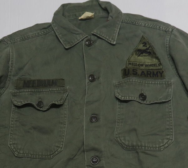 LS69米軍ARMYアメリカ古着ユーティリティシャツUTILITYボックスシャツ50’S60’Sビンテージ筒袖TROOPER長袖シャツ綿100実物パッチ付きM緑系