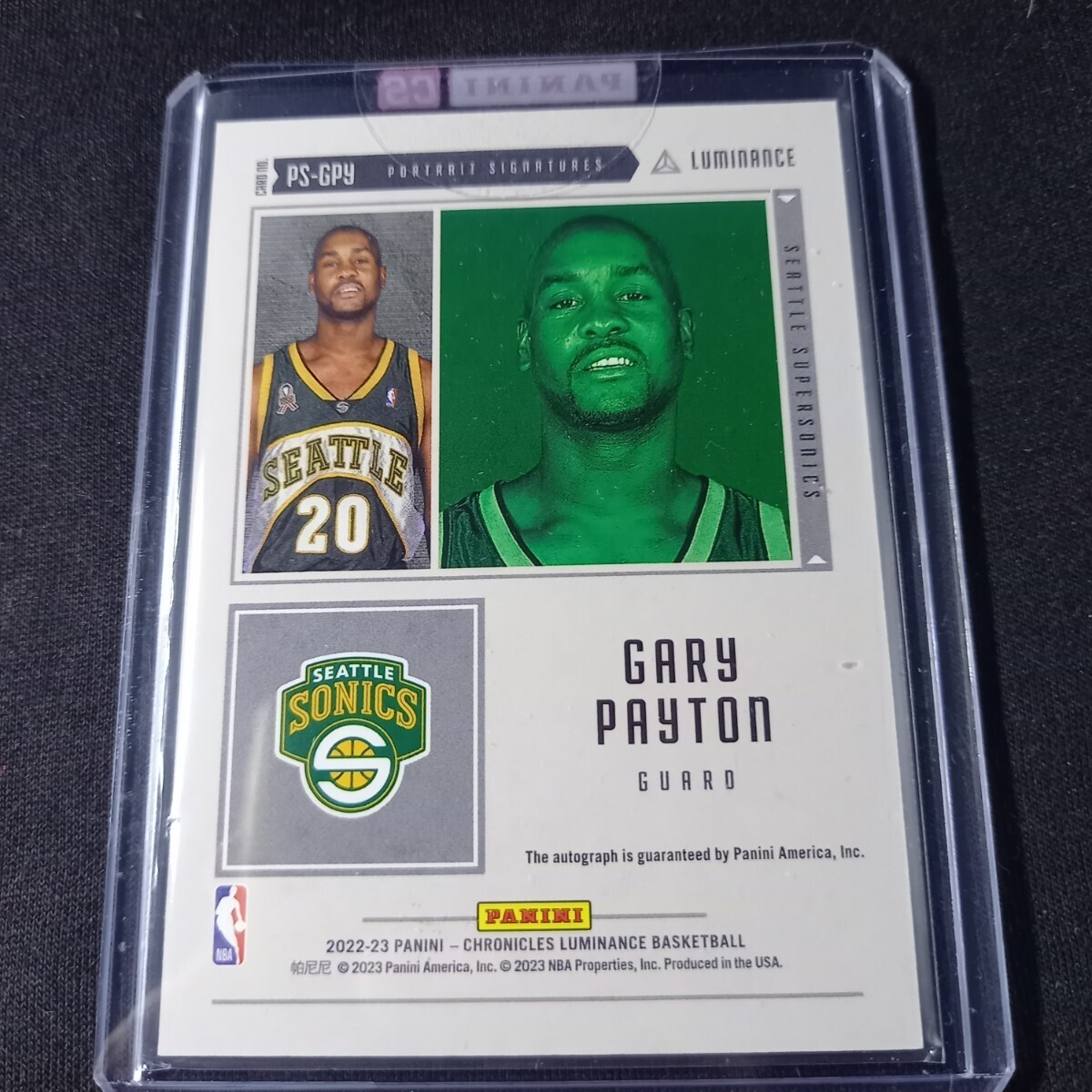 【149シリ】ゲイリー・ペイトン 2022-23 Panini chronicles Luminance Basketball auto Gary Payton 直筆サイン スーパーソニックスの画像2