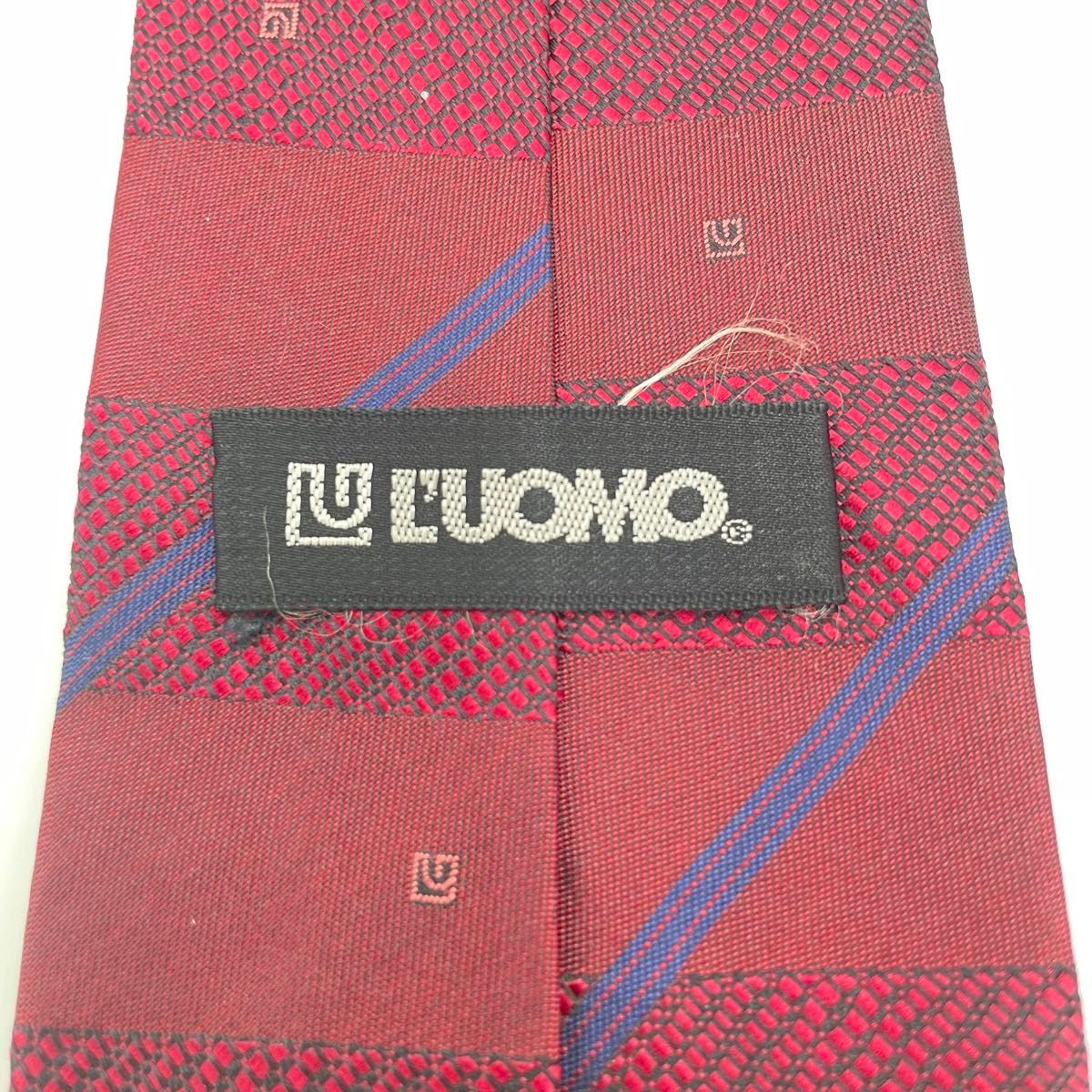 【良品】L’UOMO ネクタイ　絹　シルク　ストライプ　レッド　ワインレッド