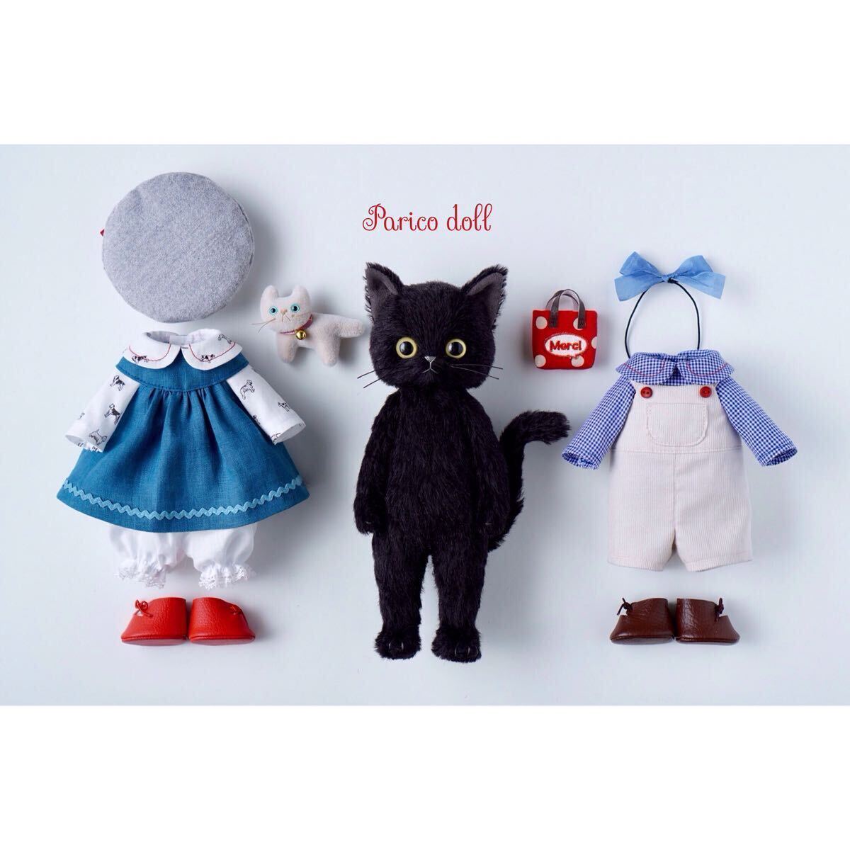 黒猫ちゃんと小さな白ネコちゃん着せかえセット 猫ぬいぐるみ parico doll パリco の画像1