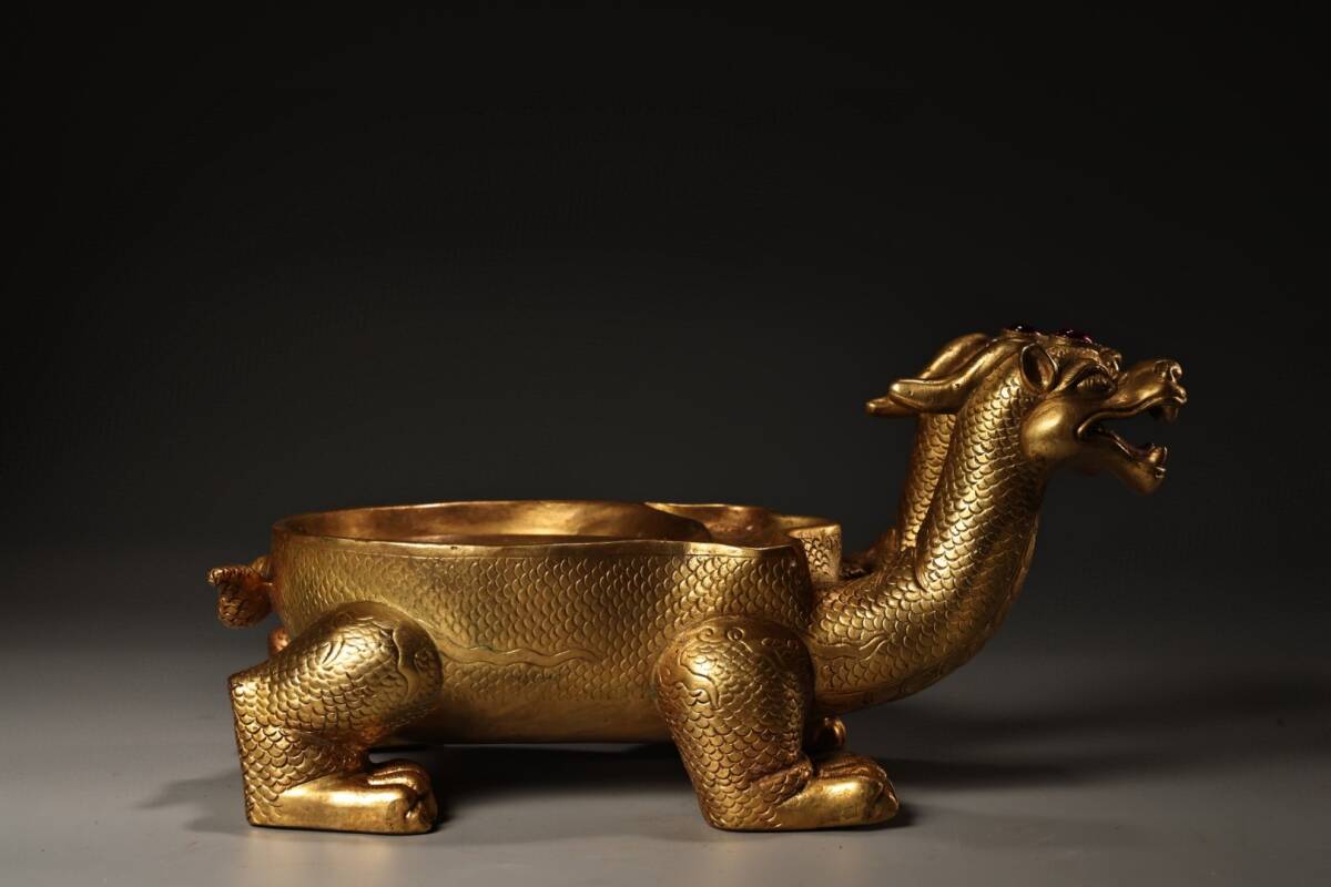 『館蔵珍品 銅製 塗金 雙頭龍龜』置物 賞物 貴重物品 収蔵品 中国古美術