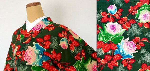 KIRUKIRU античный . кимоно длина 132.5cm темно-зеленый земля . роза современный цветочный принт retro Taisho роман кройка и шитье японской одежды переделка материал кройка и шитье японской одежды старый ткань ткань 