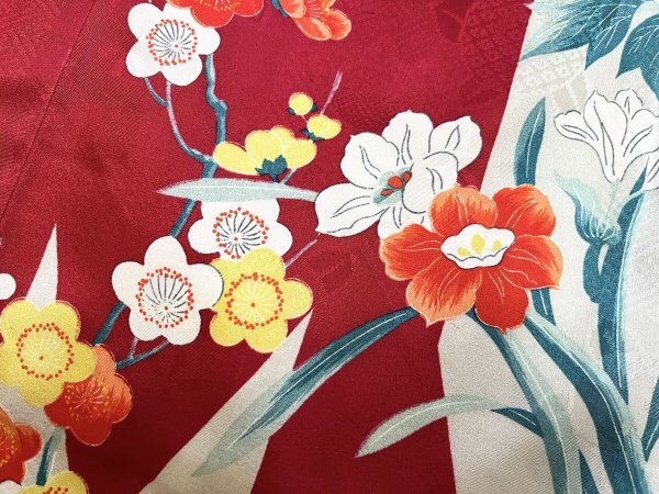 KIRUKIRU античный ... кимоно для девочки натуральный шелк длина 131.5cm красный земля . стрела перо пион слива .tesen цветочный принт мелкий рисунок Ремейк-материал ткань 