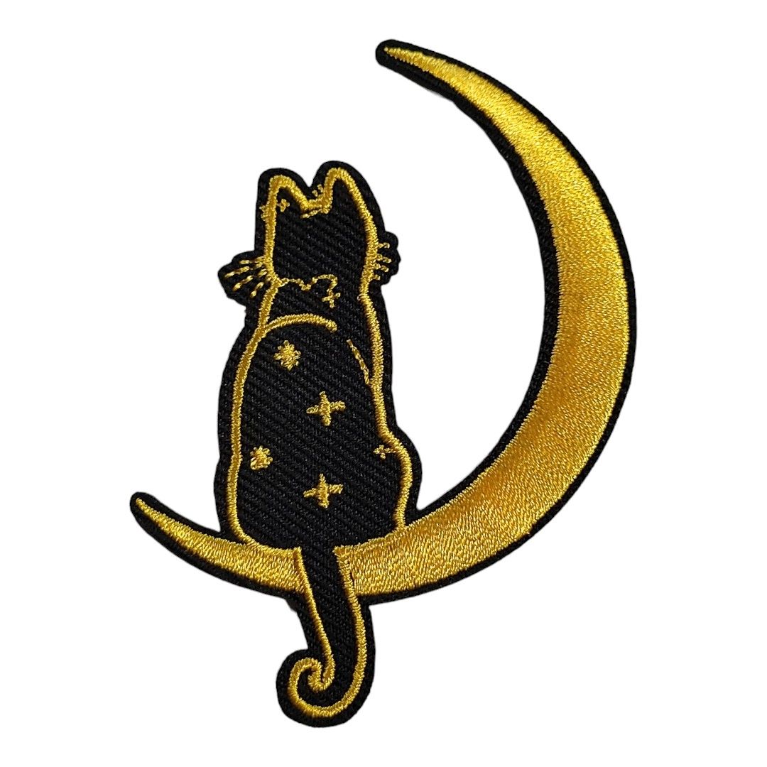 再入荷★T-19【 アイロンワッペン 】 刺繍ワッペン アップリケ リメイク 猫 ネコ cat キャット 月 三日月 MOON