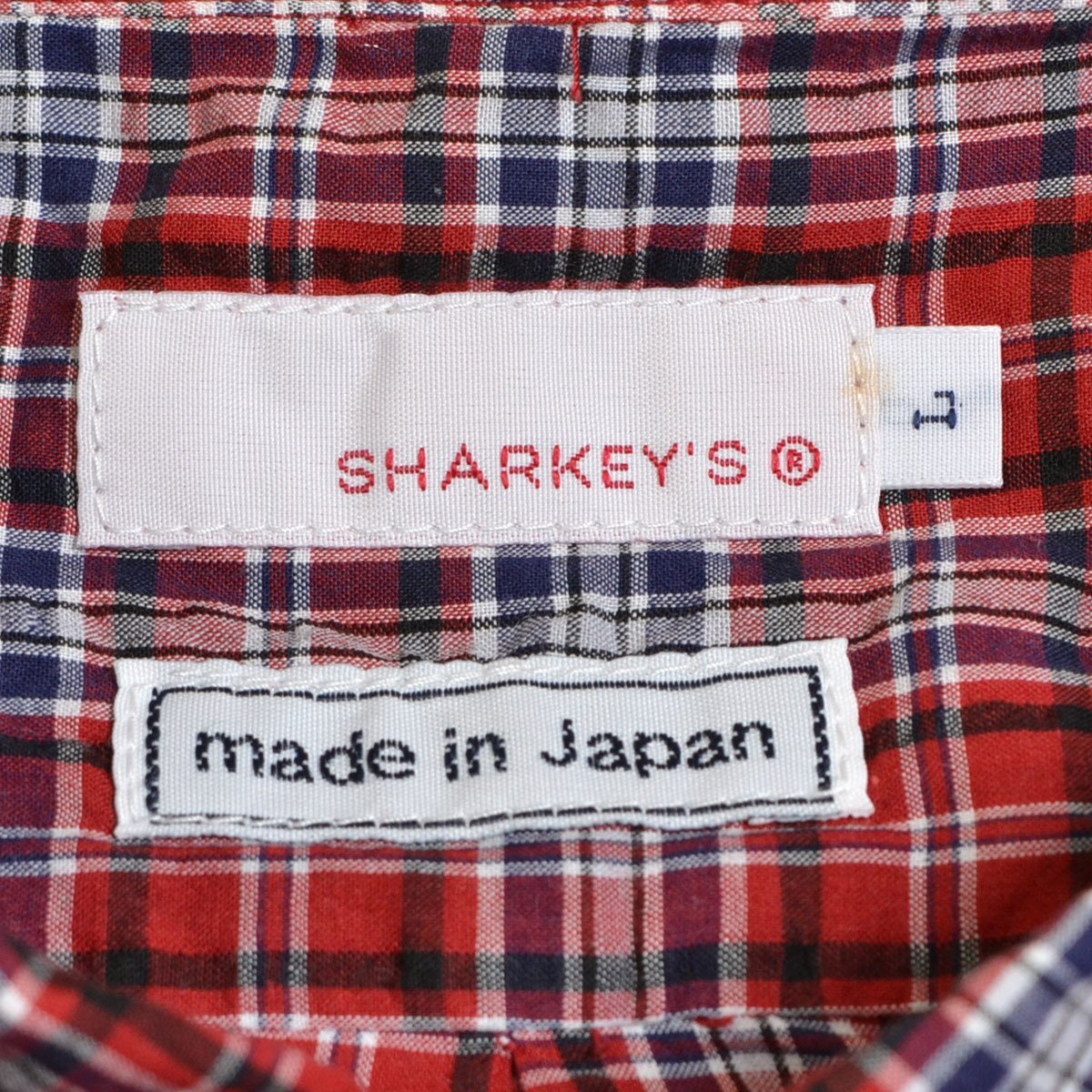 ◆406567 SHARKEY'S シャーキーズ 長袖シャツ ラウンドカラー ミニカラー サイズL 綿100% メンズ 日本製 レッド チェック_画像6