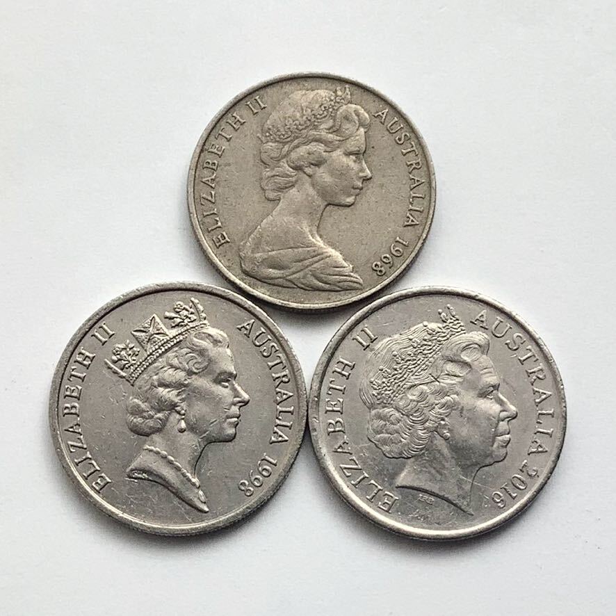 【希少品セール】オーストラリア エリザベス女王肖像デザイン 3種類 10セント硬貨 1968年 1998年 2016年 各1枚ずつ 3枚まとめて_画像1