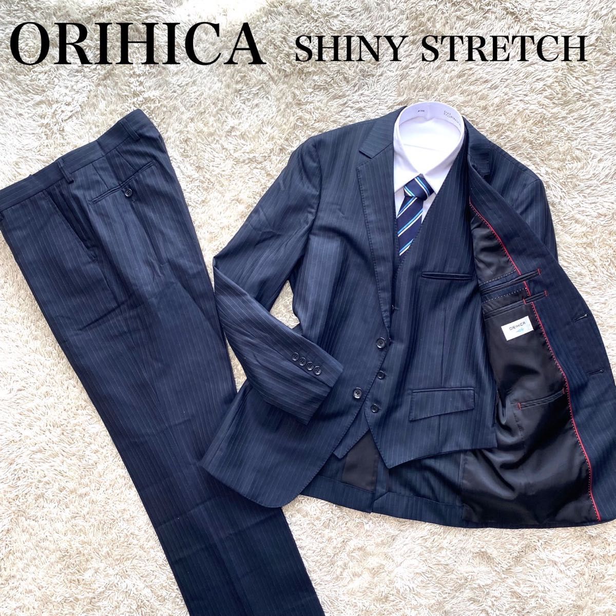 【美品】オリヒカ パンツ スーツ セットアップ 3ピース ストライプ A6 メンズ ネイビー