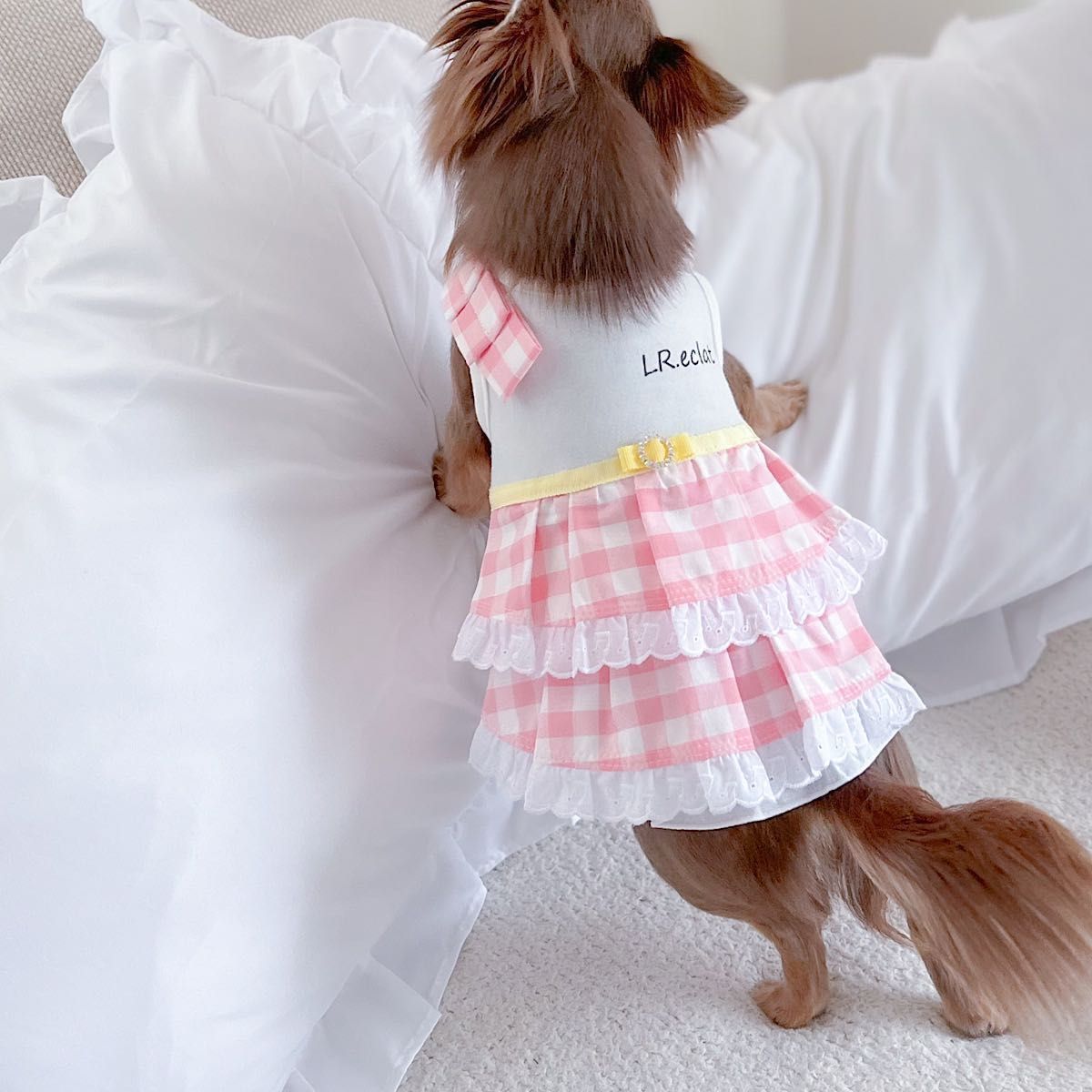 ピンクギンガムチェック× イエローリボン　ワンピース　ハンドメイド　犬服　犬服ドレス　