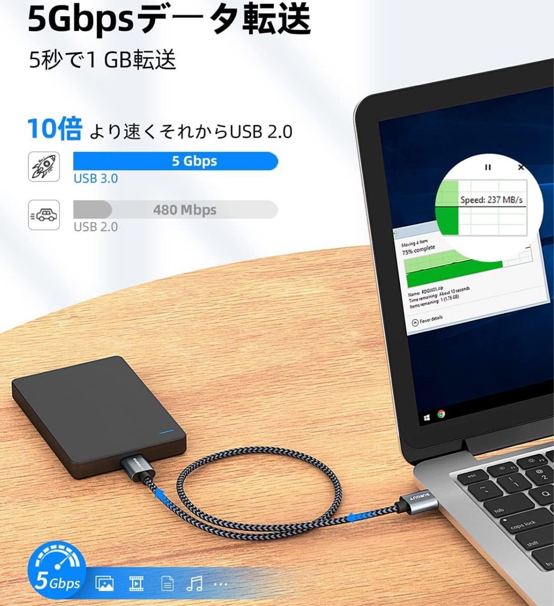 SUNGUY USB3.0タイプA-タイプA(オス-オス)5Gbps高速データ転送ケーブル50㎝ 金メッキコネクタ 高耐久性 ナイロン編み 特価品_画像2