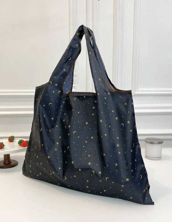 ■新品■エコバッグ【星　月　グラフィック】【ネイビー】大容量　コンパクト　簡単　　かわいい　便利　ショッピングバッグ