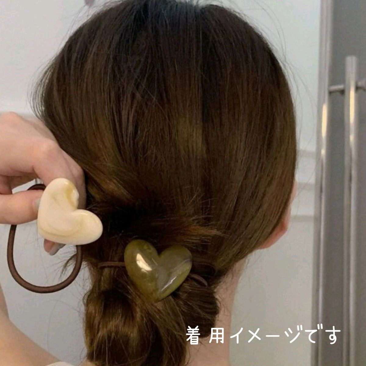 No.74-1★大理石柄　ハート型　ヘアゴム　ホワイト×グリーン　マーブル ヘアゴムセット