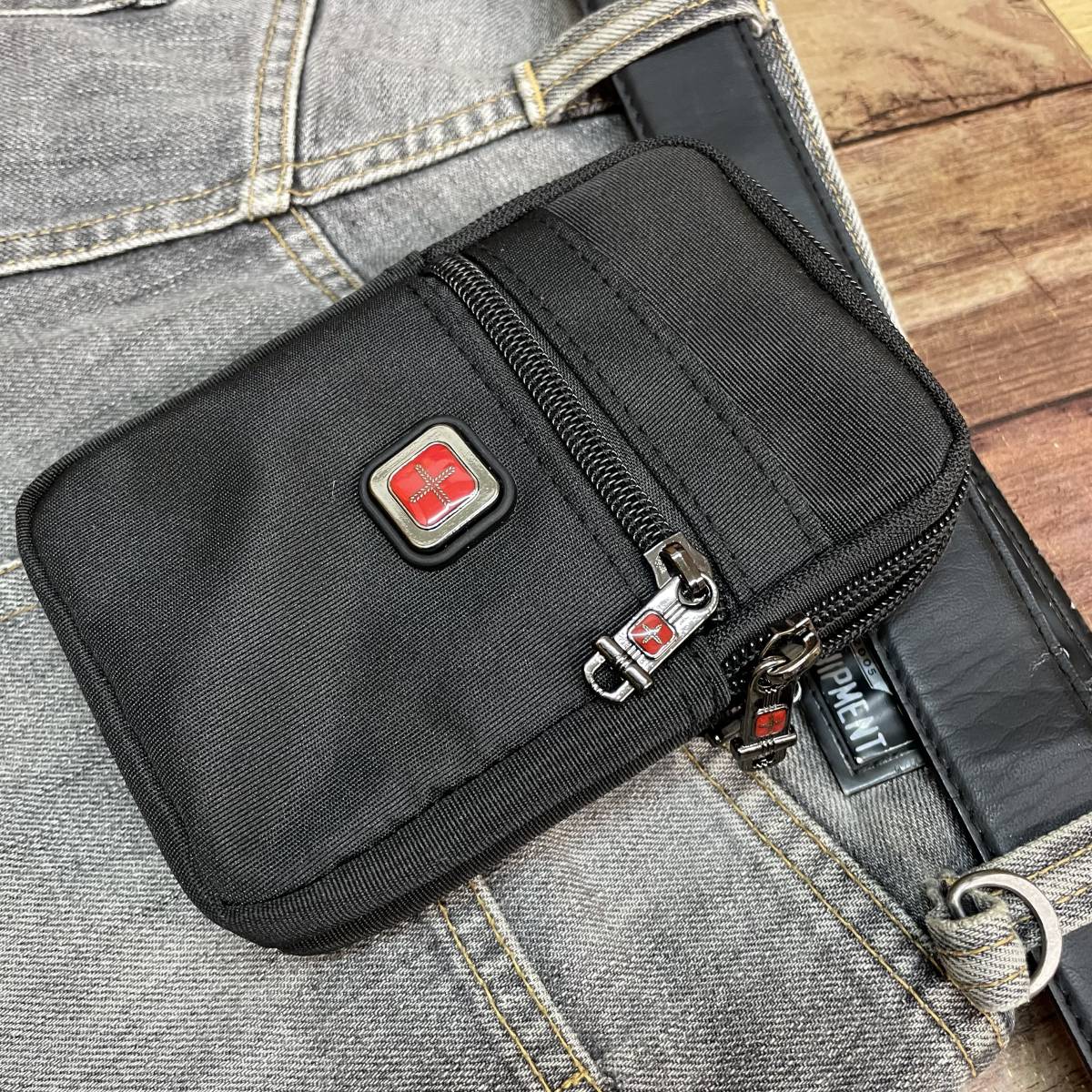 新品 ナイロンキャンバス製 ウエストバック小 ヒップバッグ 携帯電話 スマホケース iPhone 小物入れ カラビナ ナスカン ブラック 送料無料の画像1