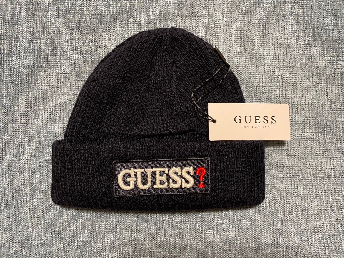 【未使用品】GUESS ニット帽 ビッグロゴ文字 ネイビー