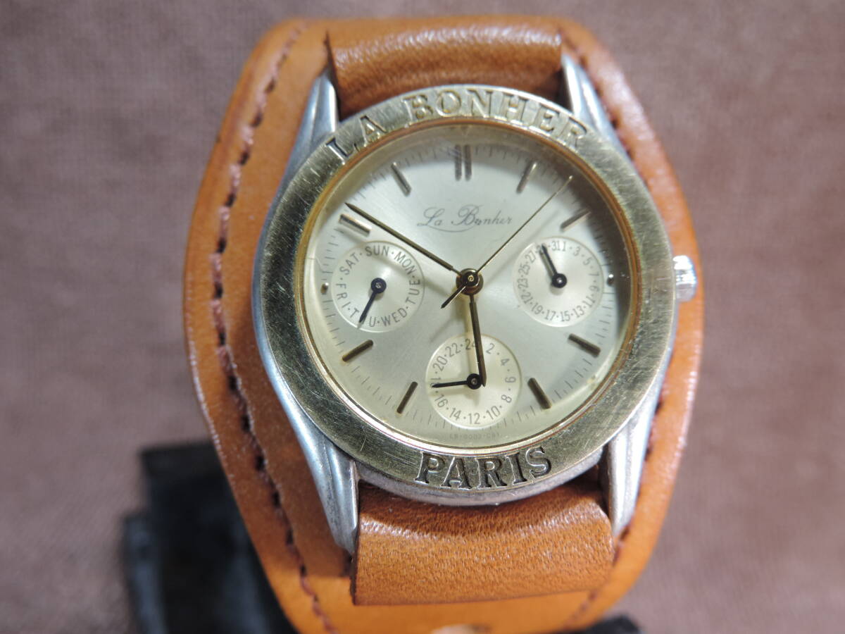 LA BONHER LB-0003 ラ ボナールクォーツ メンズ腕時計・18Kベゼル SV925・美品・中古品