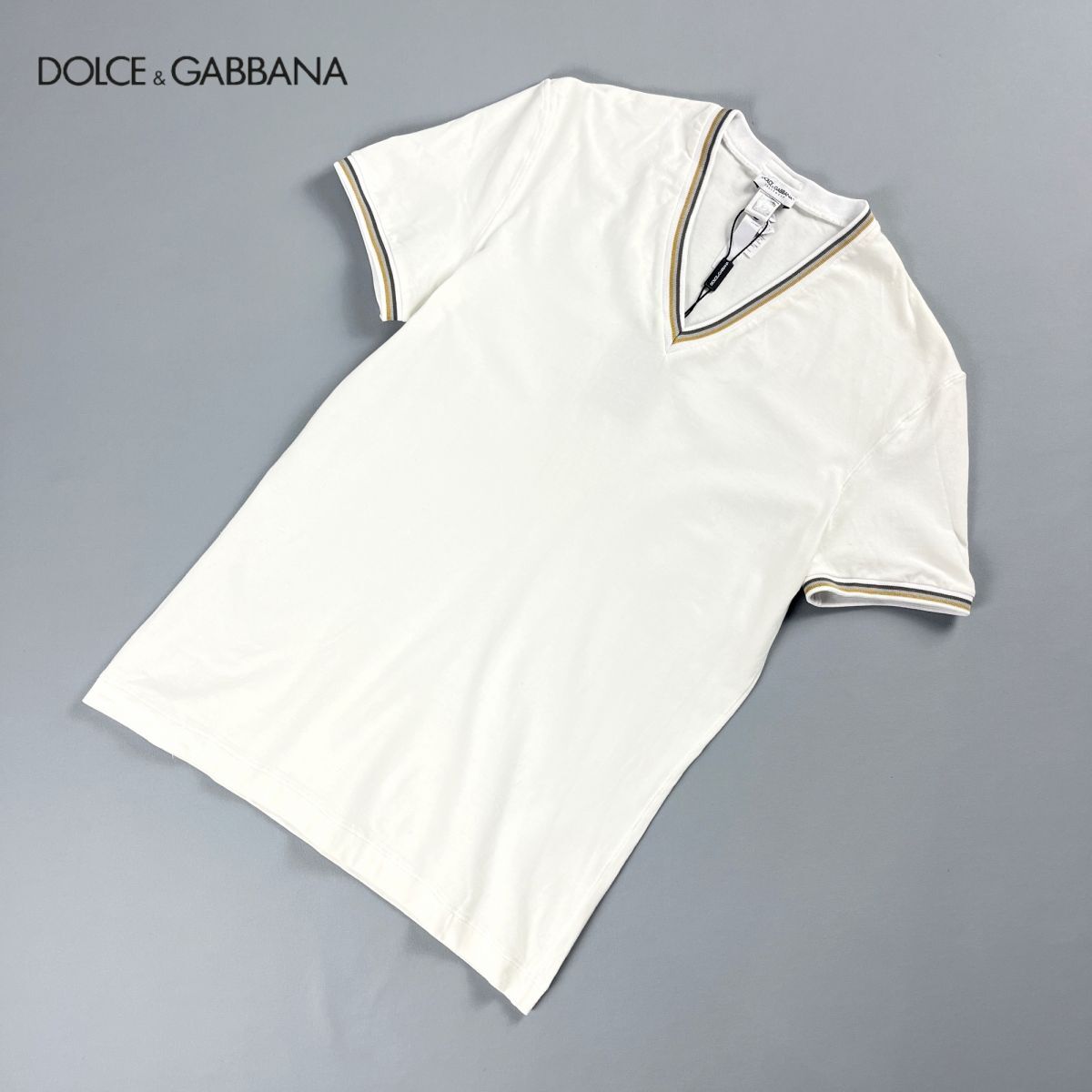 新品未使用 Dolce & Gabbana ドルチェ&ガッバーナ Vネックトップス 半袖 メンズ 白 グレー 茶色 サイズUSA XS*MC899_画像1