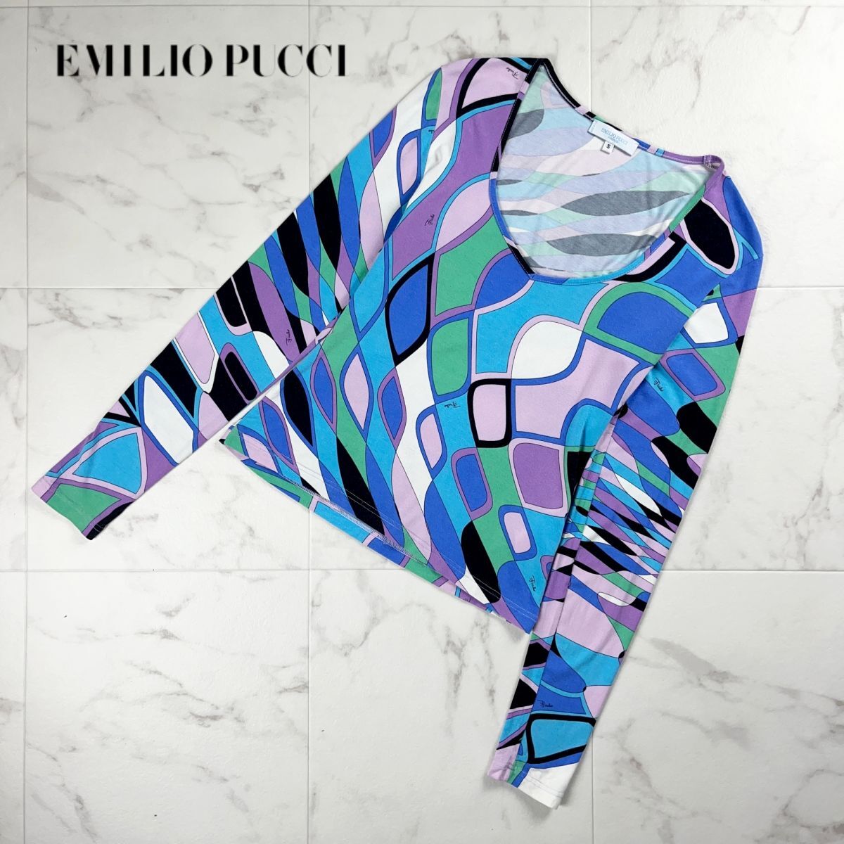 美品 Emilio Pucci エミリオプッチ 総柄 ワイドネック 長袖カットソー トップス レディース 青系 ブルー系 サイズS*NC151_画像1