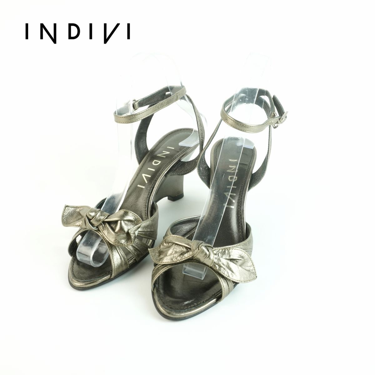 INDIVI Indivi 23.5 sandals heel ankle strap color stone leather metallic /MC183