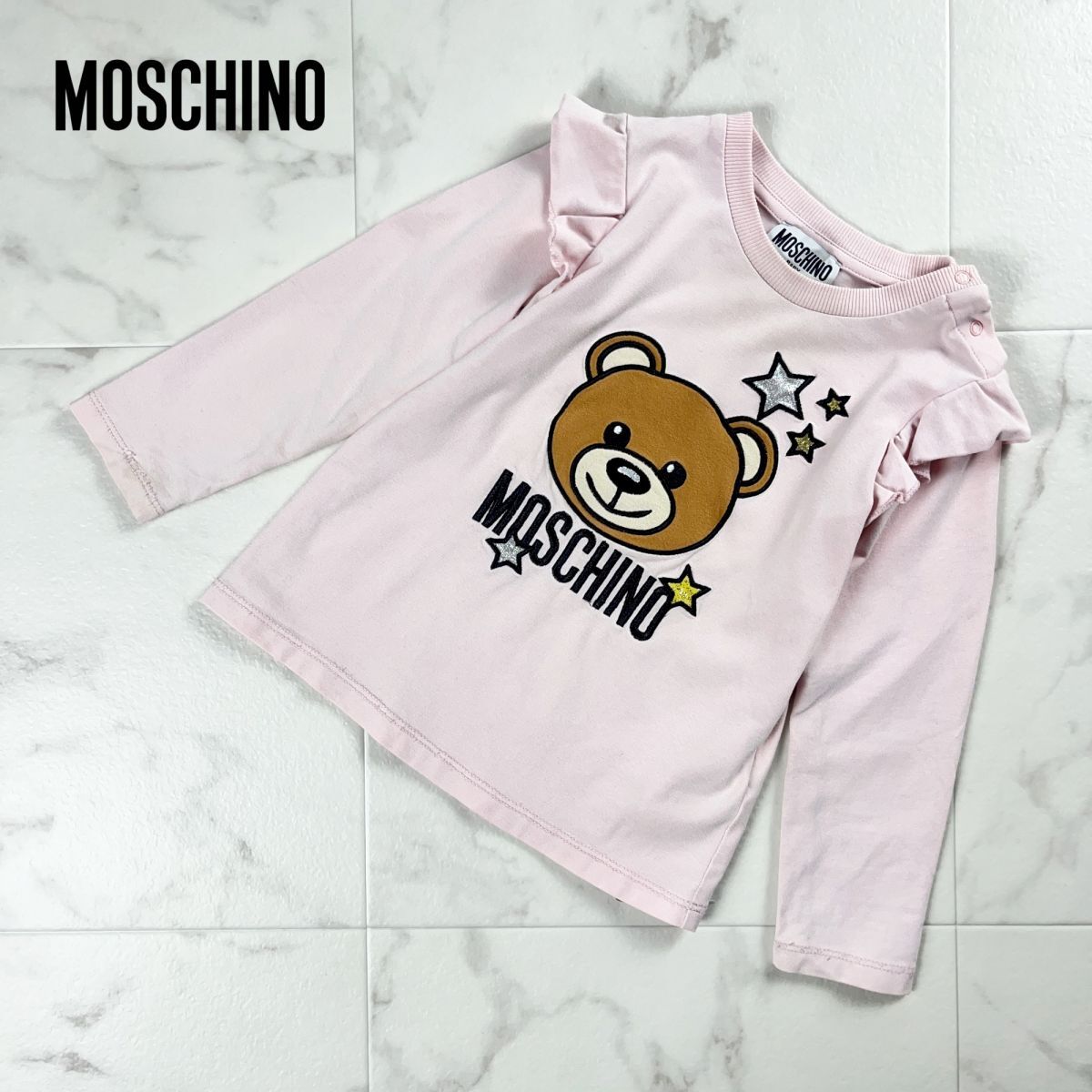 美品 MOSCHINO モスキーノ キッズ 子供服 くま ベア イラスト刺繍 長袖カットソー トップス 女の子 薄ピンク サイズ86*NC305