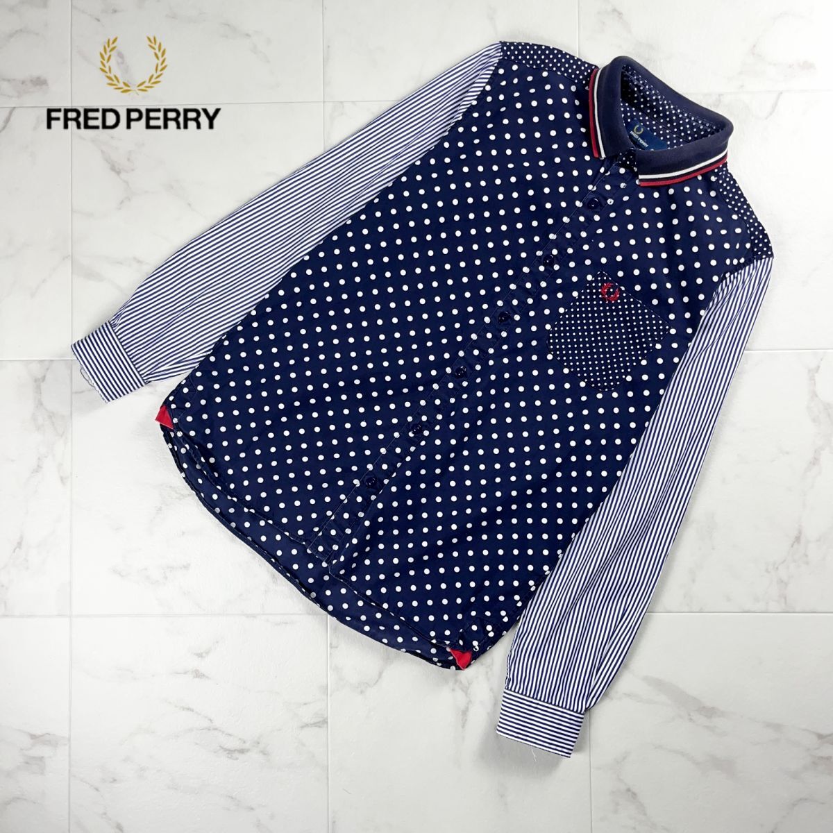 美品 FRED PERRY フレッドペリー ドット柄 ストライプ柄 デザインドッキングシャツ トップス メンズ 紺 白 赤 サイズS*NC860_画像1