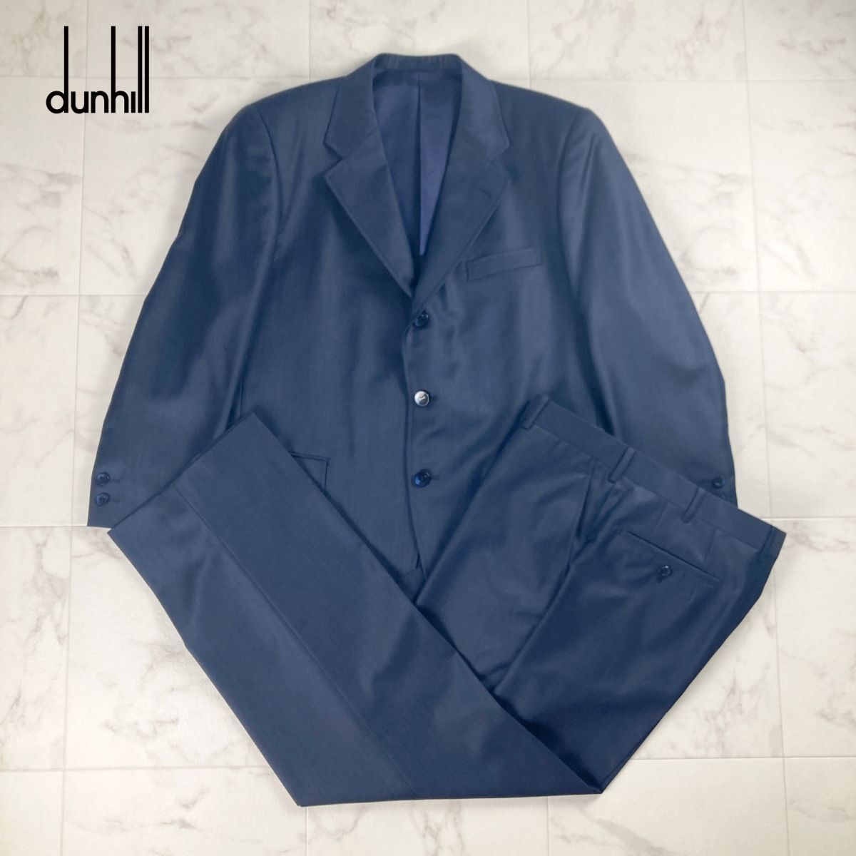 美品 dunhill ダンヒル ウール・モヘヤ混 段返り3Bジャケット センタープレスパンツ セットアップ スーツ 背抜き メンズ 紺 サイズL*NC854_画像1