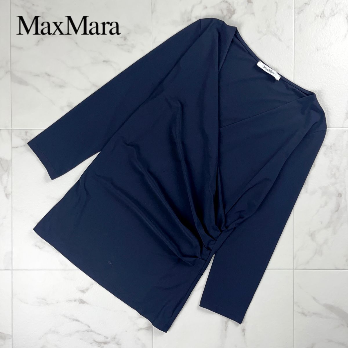 Max Mara マックスマーラ カシュクール風シャツ 七分袖カットソー ストレッチ素材 トップス レディース 紺 ネイビー サイズM*NC1093