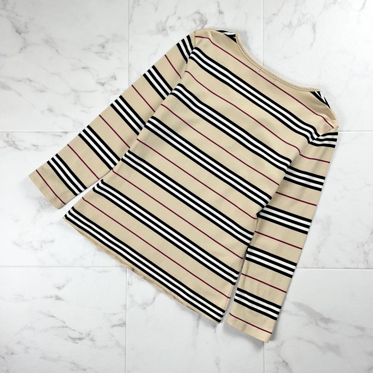 美品 BURBERRY バーバリー キーネックTシャツ 七分袖カットソー ボーダー柄 トップス レディース ベージュ サイズ!*NC1001_画像2