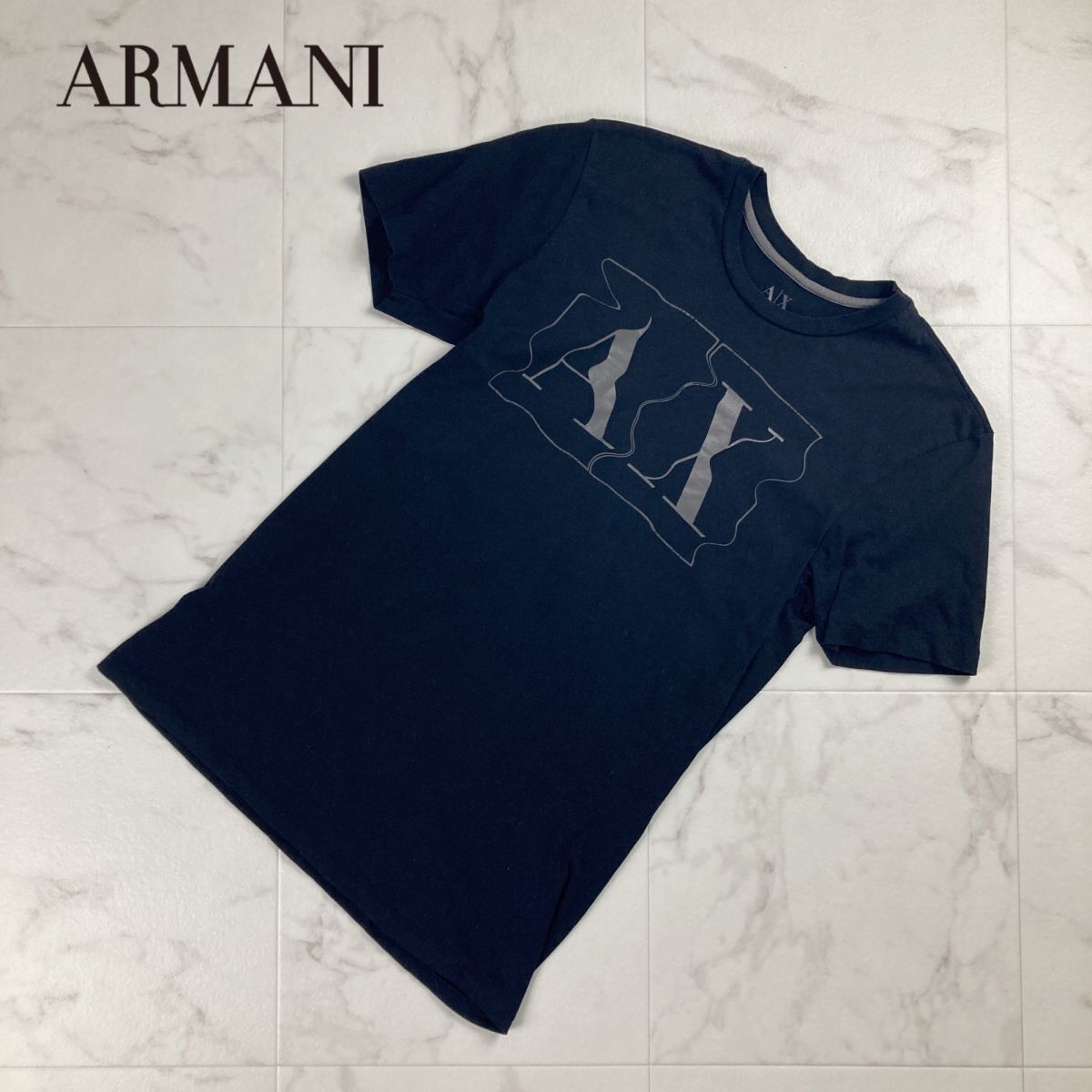 美品 ARMANI EXCHANGE アルマーニエクスチェンジ フロントプリントTシャツ 半袖カットソー トップス メンズ 黒 ブラック サイズXS*NC1310_画像1