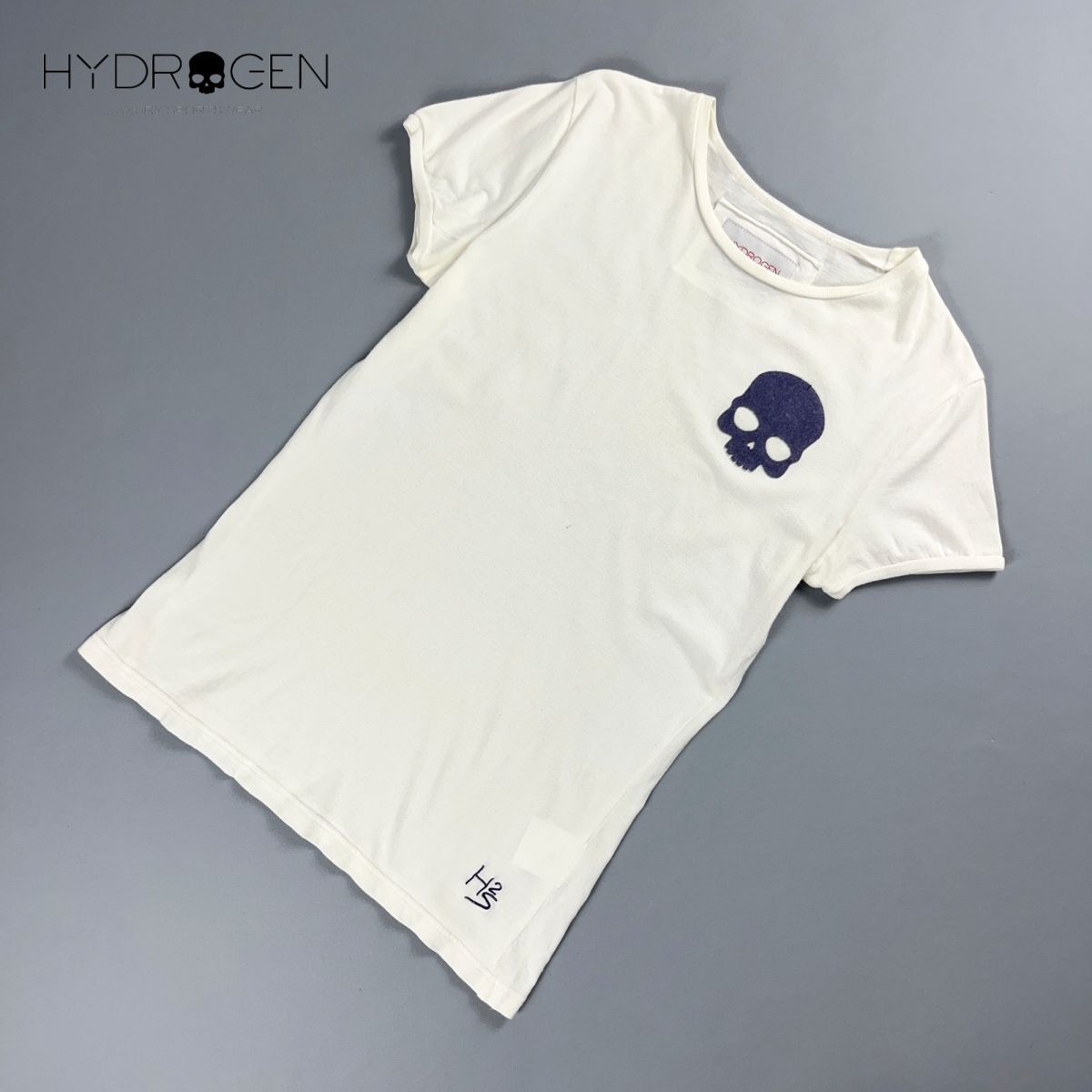 HYDROGEN ハイドロゲン ドクロ クルーネック半袖Tシャツ カットソー トップス レディース 白 ホワイト サイズL*NC328_画像1