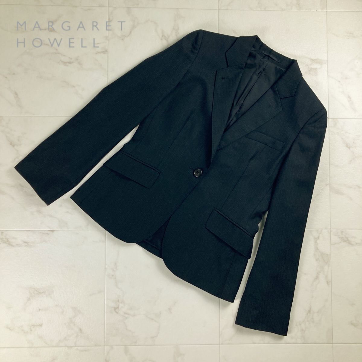 美品 MARGARET HOWELL マーガレットハウエル ヘリンボーン テーラードジャケット 総裏 レディース 紺 ネイビー サイズ3*NC450_画像1