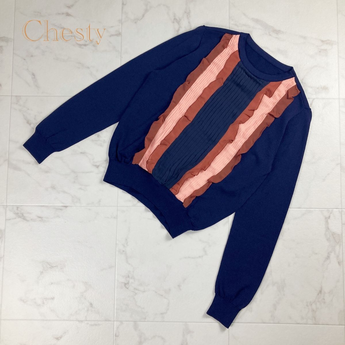  прекрасный товар Chesty Chesty дизайн плиссировать оборка трикотажный джемпер с длинным рукавом tops женский темно-синий темно-синий размер F*NC355