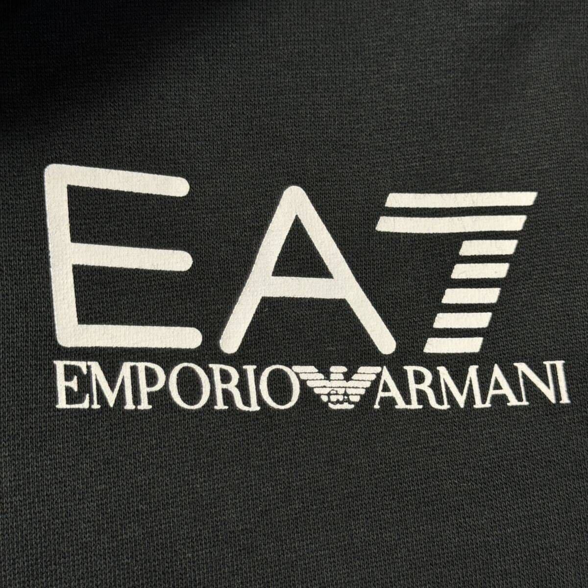 良品/M-L相当★アルマーニ/EMPORIO ARMANI 裏起毛フリース デカロゴ EA7 マルチ総柄 ジップパーカー フーデットジャケット メンズ 黒_画像5