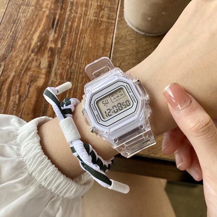 デジタル腕時計 韓国クリアホワイト白スケルトン 透明ウォッチシースルーオルチャンの画像3
