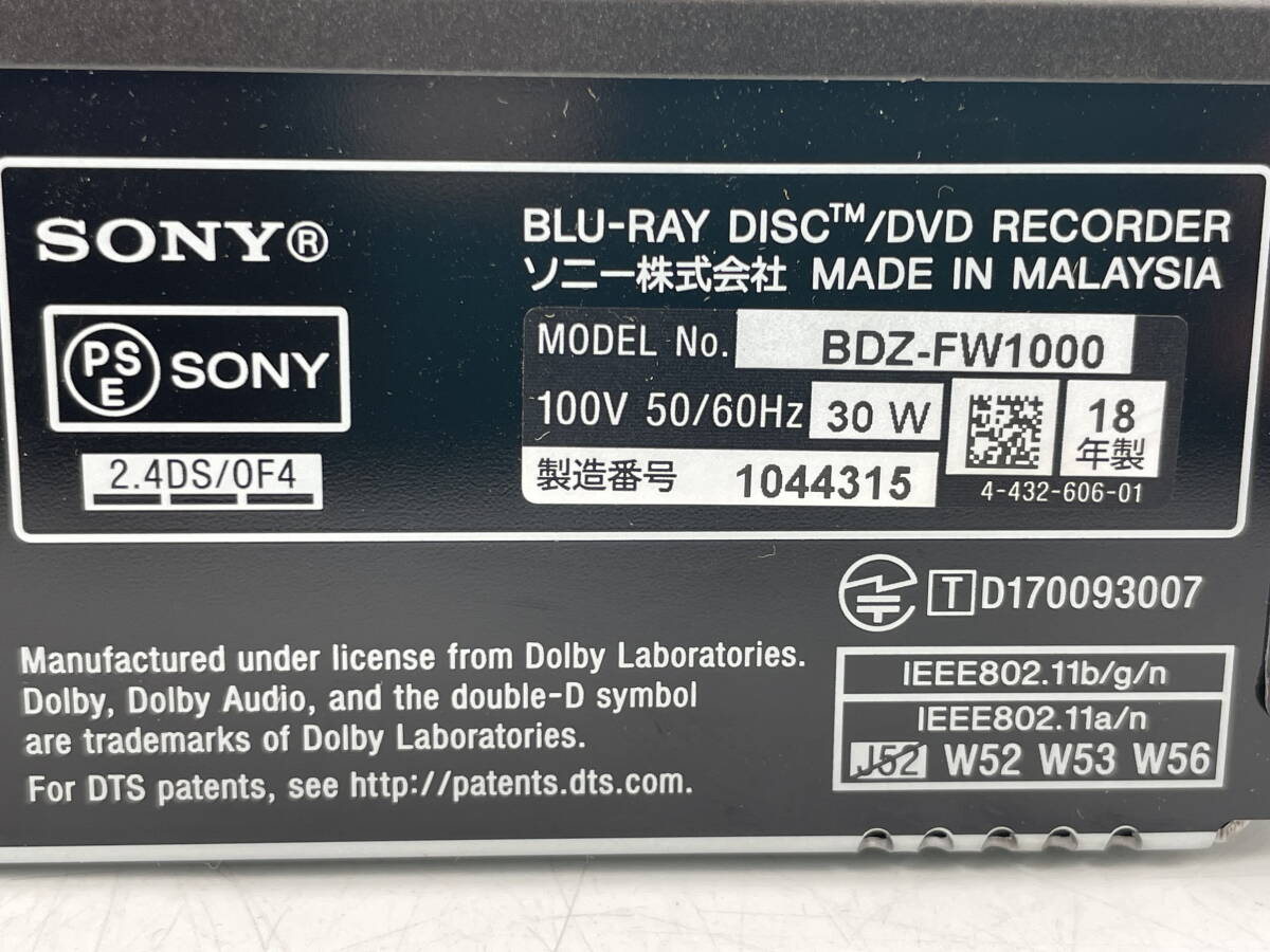□M31 SONY ソニー ブルーレイディスク/DVDレコーダー BDZ-FW1000 2018年製 2番組同時録画 HDD1TB 4K再生対応 リモコン付き_画像8