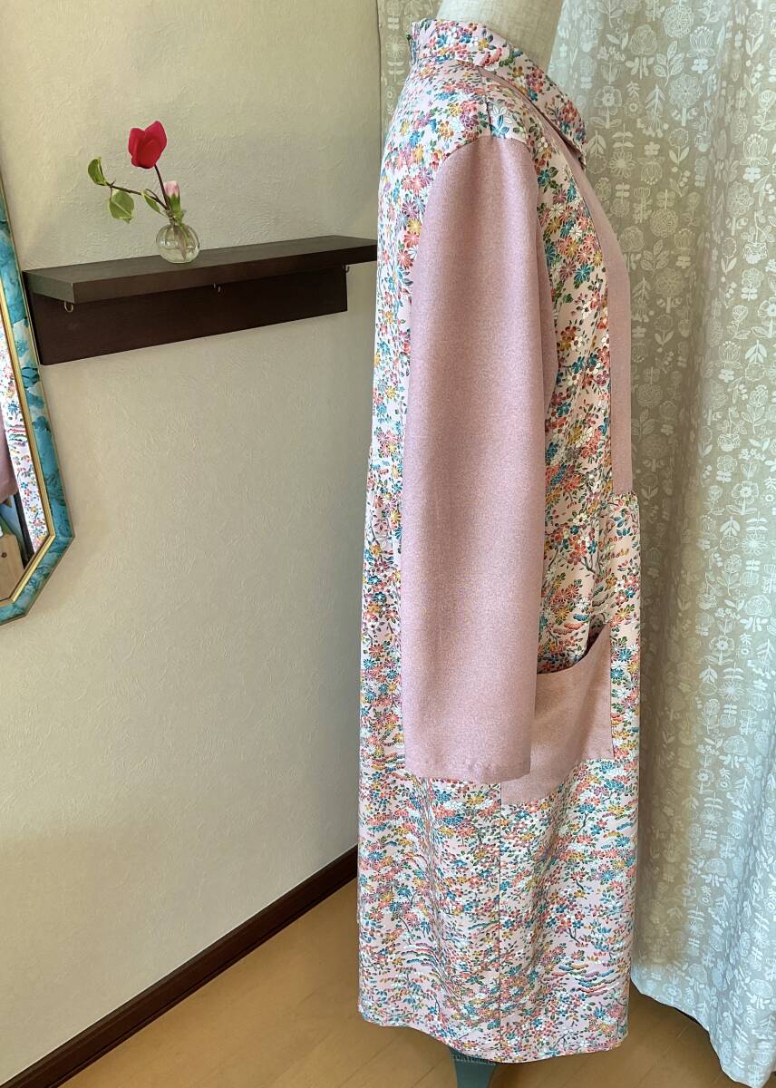 2wayワンピース　Ｌサイズ　丸襟　花柄　ピンク　正絹　着物リメイク　ハンドメイド