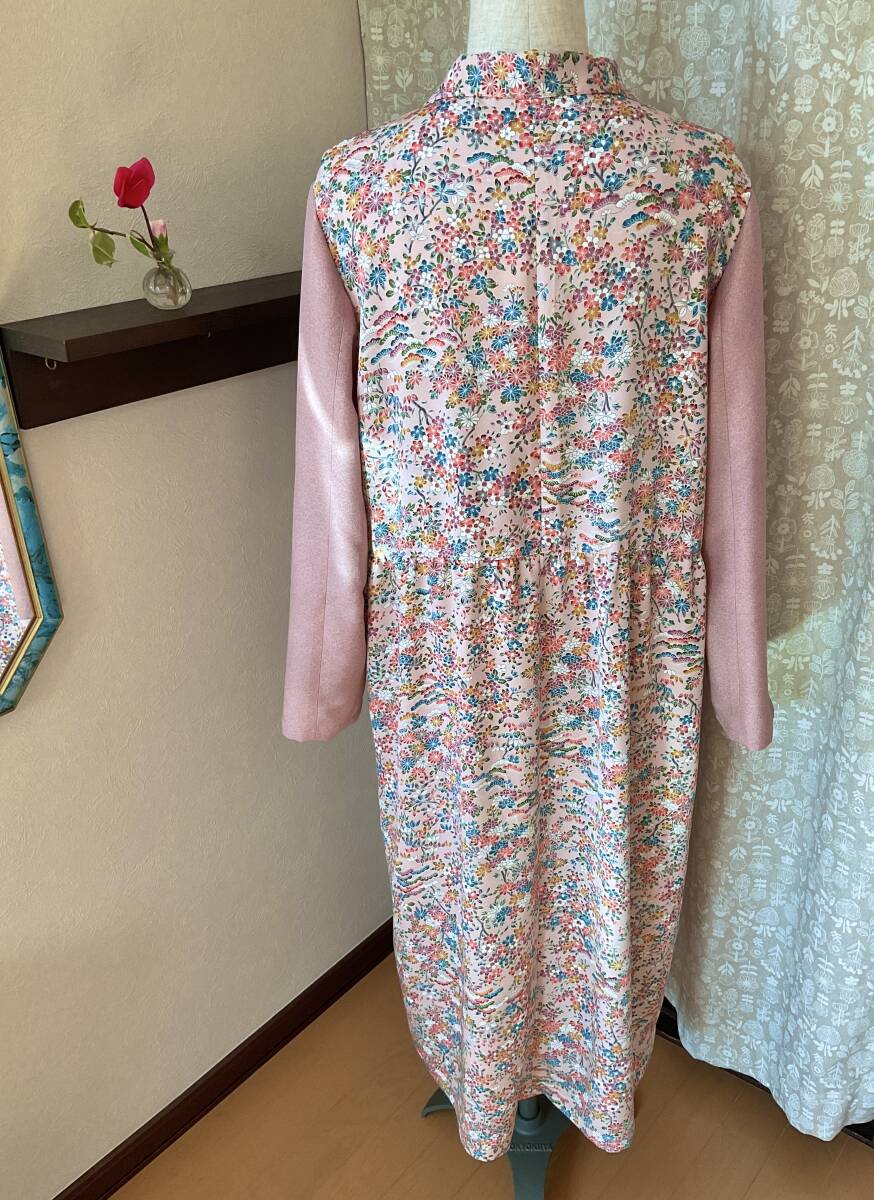 2wayワンピース Lサイズ 丸襟 花柄 ピンク 正絹 着物リメイク 2wayワンピース Lサイズ 丸襟 花柄 ピンク 正絹 着物リメイク