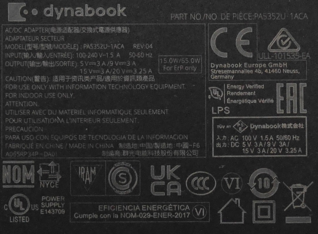 Dynabook 5V 3A/20V 3.25A 15.0/65.0W PA5352U-1ACA/USB-C/USB Type-C/ACアダプタ