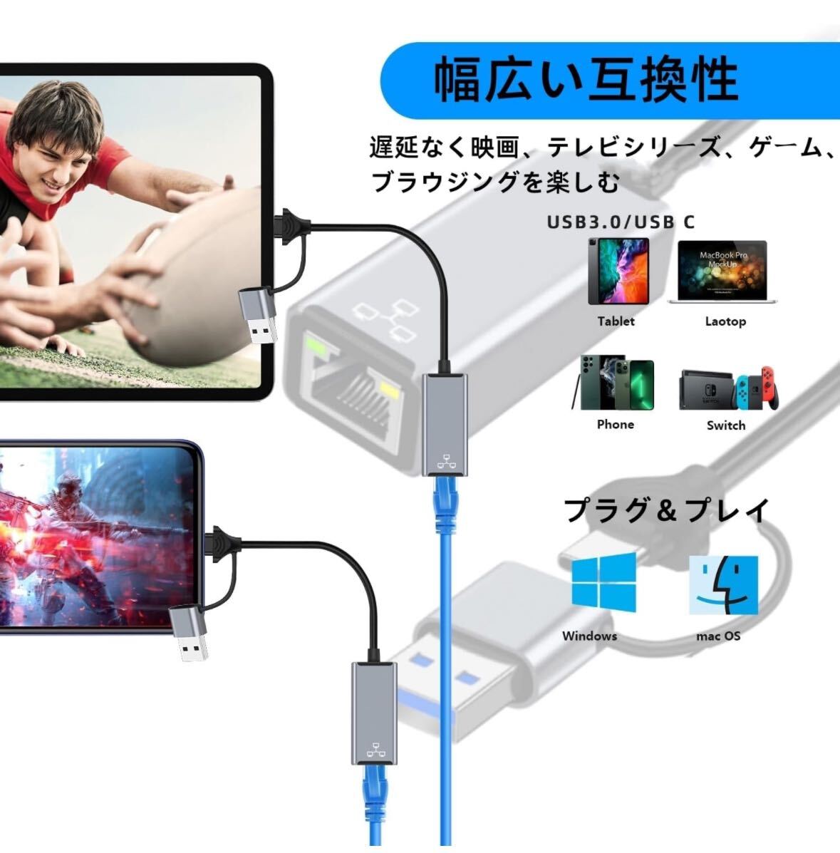 USB 有線LANアダプター USB3.0 タイプc 有線LAN 変換 アダプタ RJ45イーサネット100 Mbps高速安定転送 有線アダプタ 