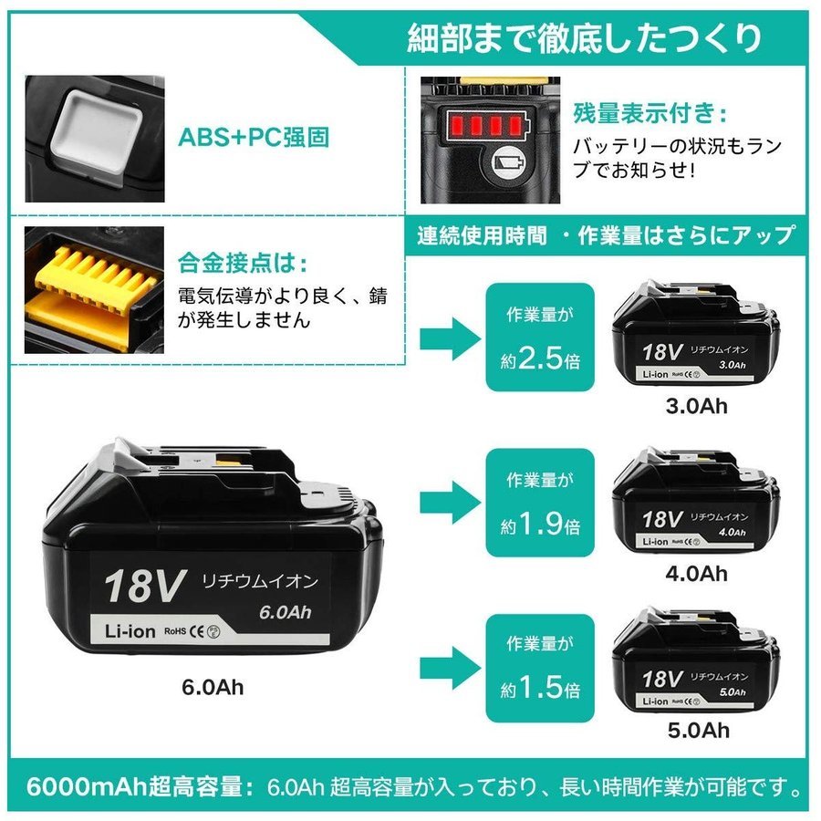 (A) マキタ バッテリー 互換 BL1860B ２個セット 18v makita 6.0Ah DC18RC DC18RA DC18RF DC18RD BL1820 BL1830B BL1850 BL1860 BL1890Bの画像3