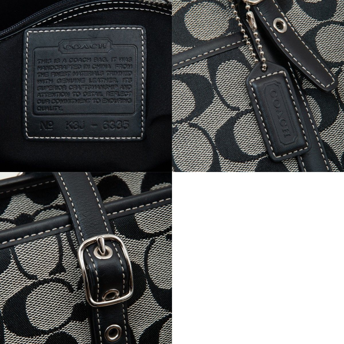 【極美品】COACH(コーチ)シグネチャー キャンバス レザー トートバッグ ブラック 黒 6335 レディース 中古 used