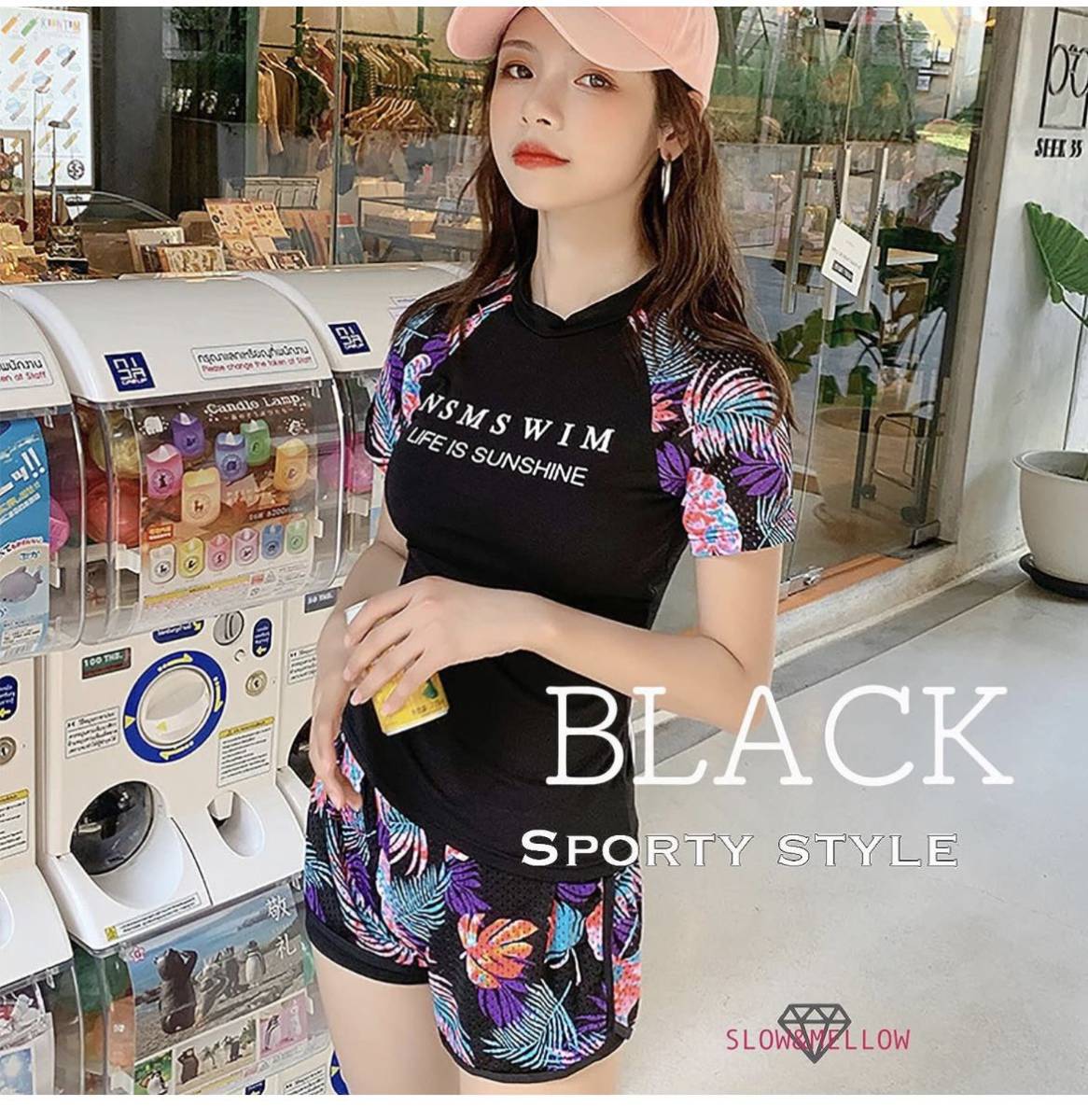 ラッシュガード ボタニカル 柄 上下セット セパレート 水着 レディース タンキニ 半袖 ショートパンツ 水陸両用　黒　かわいいMサイズ