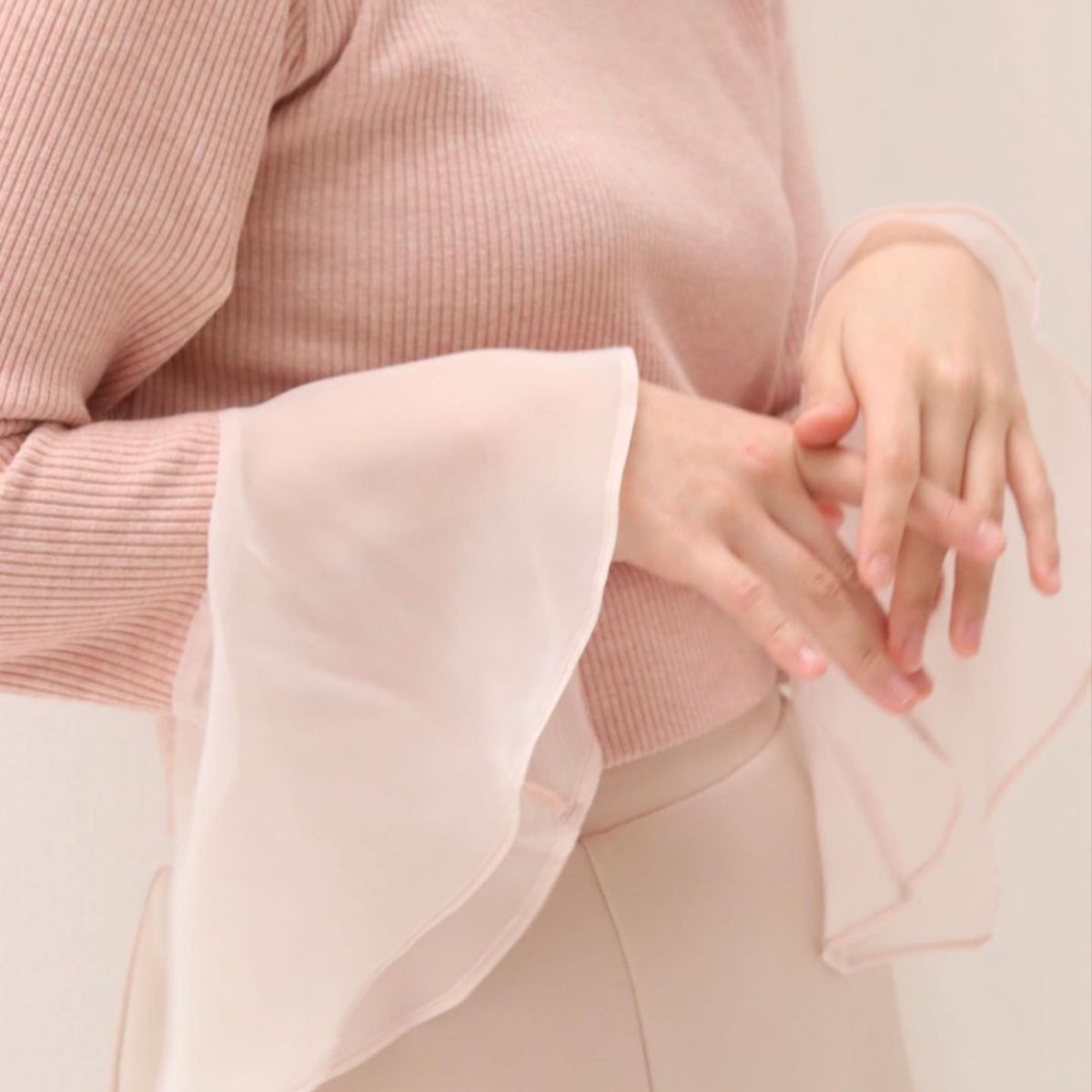 muguet wingsleevetops 袖フレアシアーリブニット　ピンク　春　ウィングスリーブトップス　ボートネック トップス