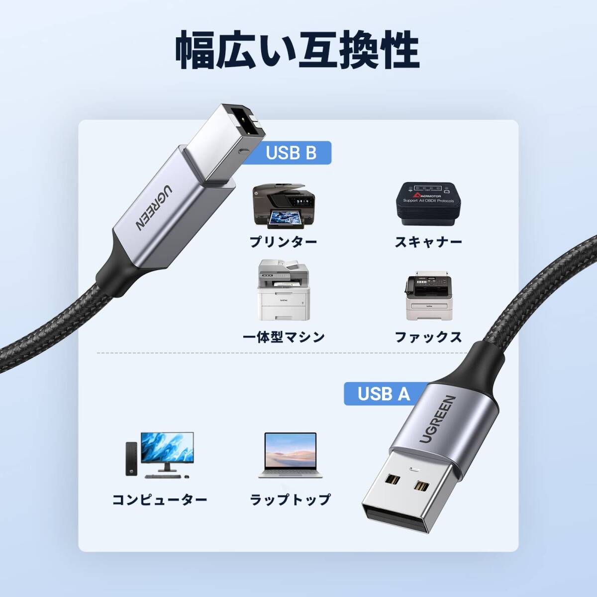 UGREEN プリンターケーブル 2m USB2.0 Type B ケーブル 高耐久性 ナイロン編み_画像7