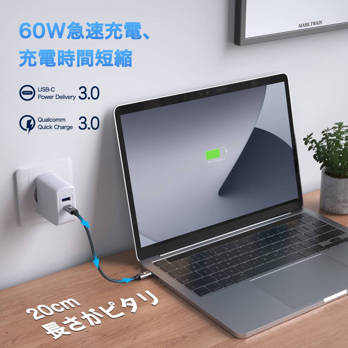 RAMPOW USB Type C ケーブル 短い【20CM 黒 持ち運び便利/PD3.0&QC3.0超高速充電】高速データ転送対応 高耐久ナイロン usbc usbc ケーブル_画像3