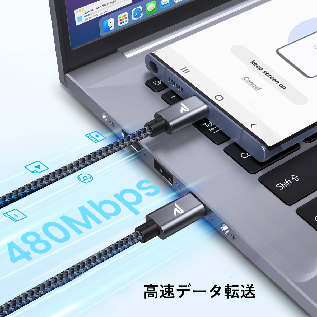 【2本セット】RAMPOW USB C ケーブル【1m+1m/黒 PD対応 60W急速充電】USB-C & USB-C ケーブル データ転送 断線防止 高耐久ナイロン_画像7