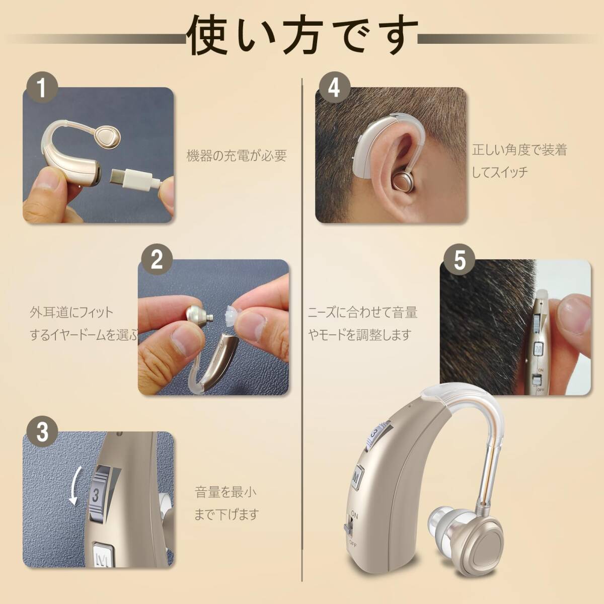 ELCTRTICI デジタル集音器, 高齢者向け充電式集音器, 2つの周波数，軽量, 耳掛けタイプ_画像5