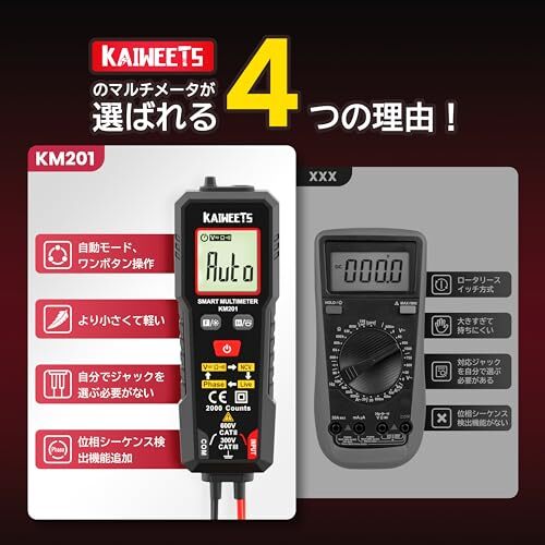 KAIWEETS スマートマルチメーター AC/DC電圧 位相シーケンス検出 導通 抵抗測定 NCV/活線チェック 2000カウント 小型デジタルテスター_画像2