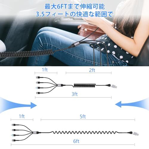 4in2 充電ケーブル 巻き取り式 4イン2 充電コード【MFi認証】CarPlay 4台同時充電 LED表示 3A急速充電対応 iPhone とusbケーブル_画像5