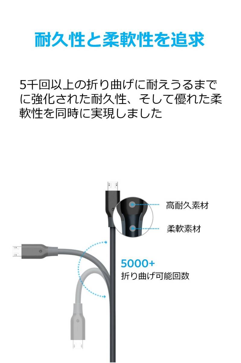 Anker PowerLine Micro USB ケーブル 【急速充電・高速データ転送対応】Galaxy Xperia Android各種 その他USB機器対応(グレー_画像3