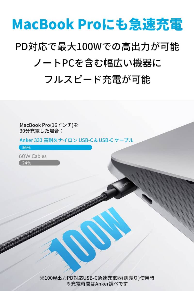 【2本セット】Anker 高耐久ナイロン USB-C＆USB-C 2.0 ケーブル 【PD対応/高耐久】 100W対応 MacBook Pro iPad Pro Galaxy等対応 (1m_画像2