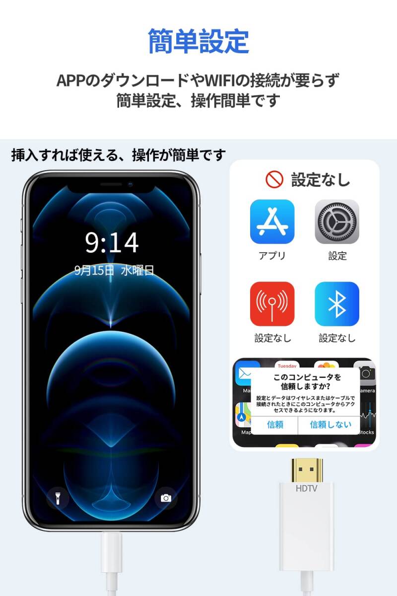 iphone hdmi変換ケーブル 【MFi認証品】 1.5M ライトニング hdmi 変換ケーブル HDMI変換アダプタ TV大画面 設定不要 1080P遅延なし_画像4